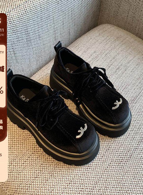 【TFM】气质拉满~小香风系带松糕单鞋2026新款黑色丝绒厚底小皮鞋