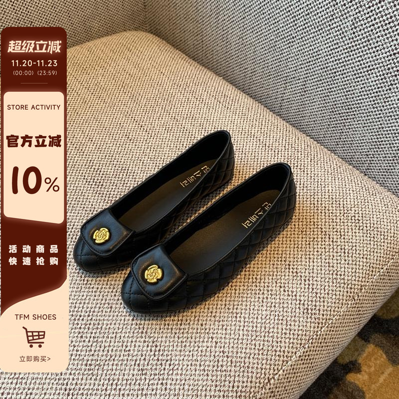 山茶花黑色平底浅口小单鞋