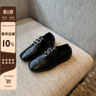 【TFM】英伦风布洛克鞋女黑色方头双扣带雕花复古小皮鞋女德比鞋