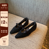 棉鞋 女冬 气质毛呢尖头玛丽珍鞋 女平底加绒单鞋 TFM 内增高3CM