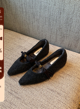 【TFM】内增高3CM~气质毛呢尖头玛丽珍鞋女平底加绒单鞋棉鞋女冬