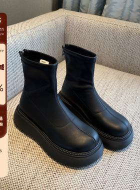 【TFM】靴子女2024年秋季新款简约后拉链加绒显瘦厚底大头短靴女