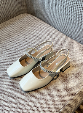 【TFM】粗跟水钻一字带包头凉鞋女夏2026新款方头玛丽珍后空单鞋
