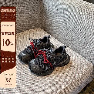 加绒厚底4CM增高复古老爹鞋 冬季 女百搭系带透气运动休闲鞋 TFM