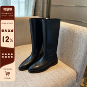 高定 TFM 简约圆头小低跟平底显瘦高筒骑士靴女粗腿长靴子套筒