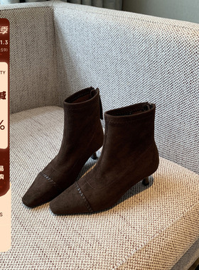 【TFM】尖头短靴女4CM细跟气质绒面百搭后拉链中跟显瘦时装女靴子