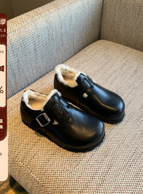 【TFM】羊毛加绒防滑厚底乐福鞋女黑色皮带扣复古小皮鞋女棉鞋冬