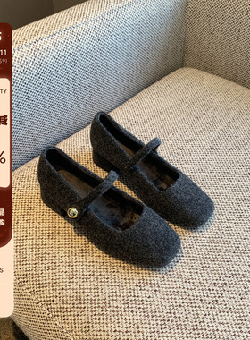 【TFM】内里加绒~方头复古玛丽珍鞋女粗中跟一字扣带毛呢浅口单鞋