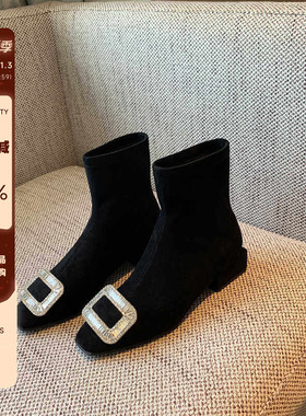 【TFM】方扣水钻时装靴子2025新款粗跟黑色方头短靴女绒面瘦瘦靴