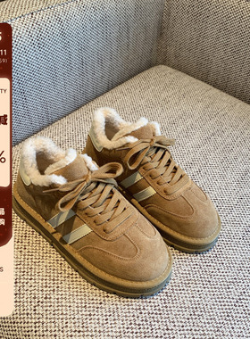 【TFM】棉鞋女冬季2025年新款真皮系带休闲厚底加绒板鞋女德训鞋