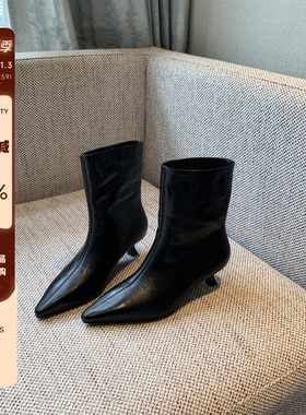 【TFM】高定~法式尖头猫跟短靴女黑色真皮瘦瘦靴百搭中跟踝靴加绒