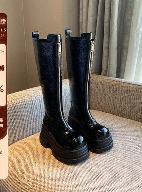【TFM】欧美风黑色厚底高筒靴女冬季加绒复古前拉链增高骑士长靴