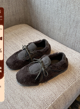 【TFM】静谧灰~复古毛毛休闲鞋女平底百搭系带反绒皮德训鞋女秋冬