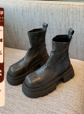 【TFM】马丁靴女2025新款复古方头厚底增高瘦瘦靴女切尔西短靴子