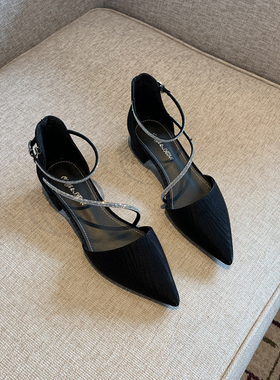 女鞋2026年春季新款韩版气质百搭水钻一字扣带粗跟尖头中空单鞋女