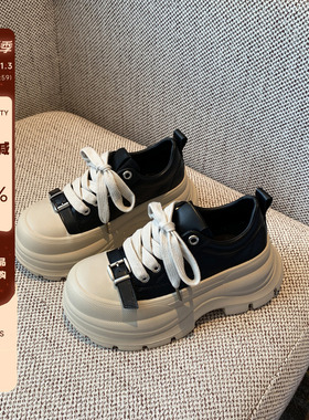 【TFM】增高7CM~厚底真皮松糕鞋女新款小个子百搭系带休闲运动鞋