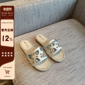 平底草编一字拖鞋 女外穿潮 新款 水钻渔夫鞋 TFM 凉拖女2026夏季