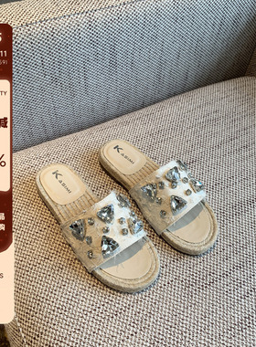 【TFM】凉拖女2026夏季新款水钻渔夫鞋平底草编一字拖鞋女外穿潮