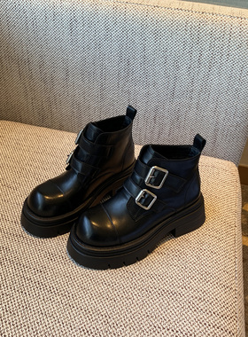 【TFM】英伦风复古皮带扣厚底马丁靴女黑色百搭魔术贴加绒短靴子