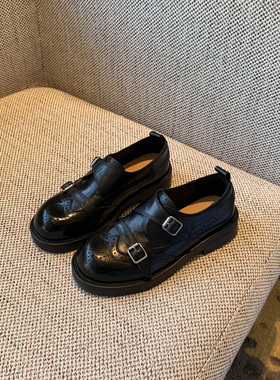 【TFM】2026春季新款英伦风布洛克鞋女黑色皮带扣厚底小皮鞋单鞋