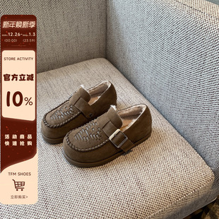 女冬季 复古皮带扣乐福鞋 内增高3CM 加绒厚底羊毛保暖棉鞋 TFM