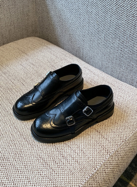 【TFM】2026春季新款英伦风布洛克鞋女黑色双扣带雕花复古小皮鞋