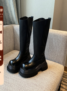 【TFM】黑色厚底高筒骑士靴女不过膝增高7.5CM显瘦长靴子加绒冬季