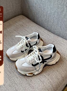 【TFM】复古老爹鞋女2025年新款真皮布面透气厚底增高休闲运动鞋