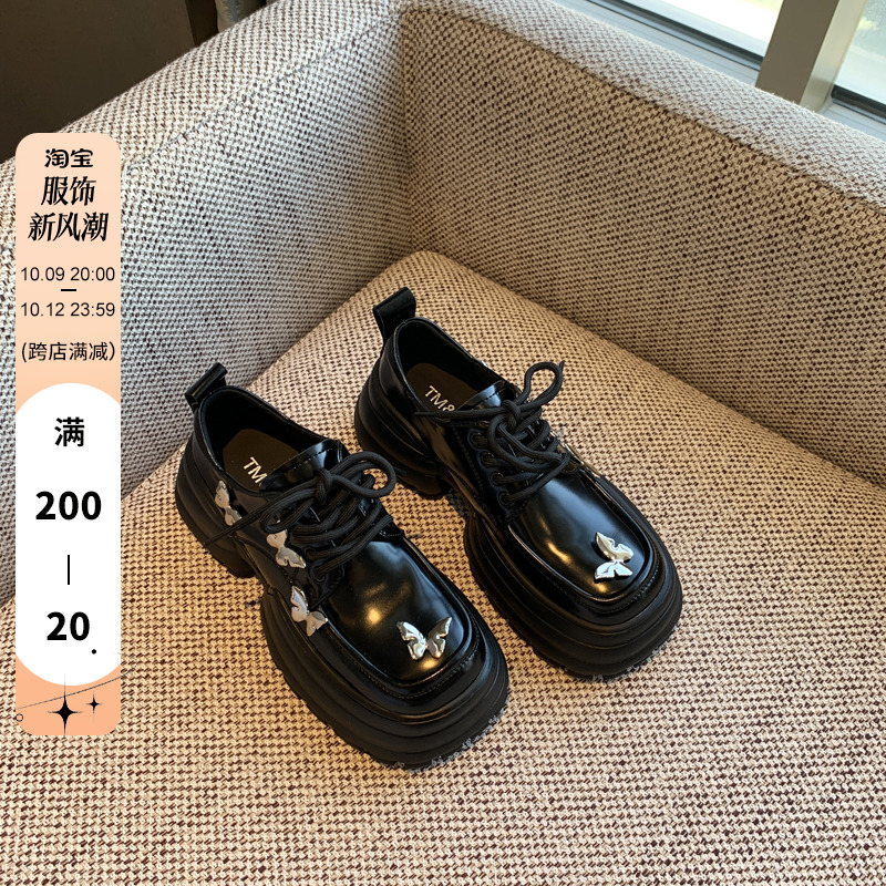 复古小皮鞋女英伦2023秋季新款时尚系带深口百搭松糕厚底单鞋女鞋