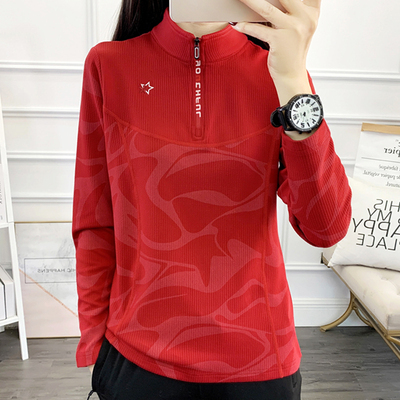 秋冬户外运动德绒衣女长袖立领T恤加绒加厚健身跑步磨毛快干上衣