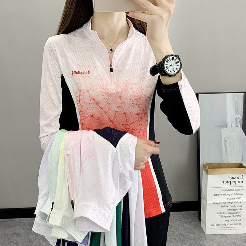 户外速干衣女长袖t恤薄款立领运动防晒百搭弹力吸汗透气登山上衣