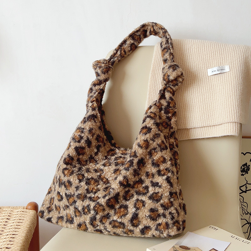 2024秋冬复古豹纹毛毛包毛绒包格子大容量托特包腋下单肩包购物袋