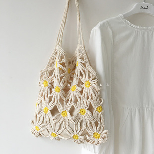 韩国ins手工编织包小雏菊镂空包棉线单肩包小清新度假风腋下包潮