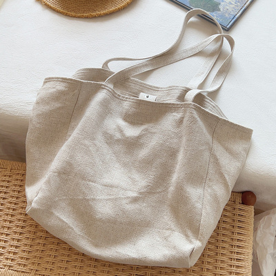 韩国ins简约大容量帆布包慵懒风托特包棉麻布袋休闲单肩包购物袋