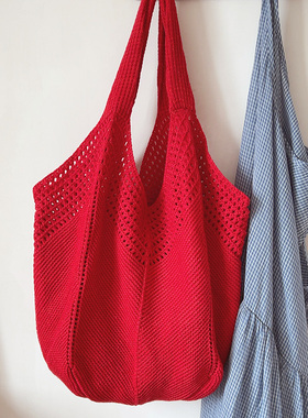 ins红色编织包包针织托特包慵懒风腋下单肩包购物袋度假沙滩包女