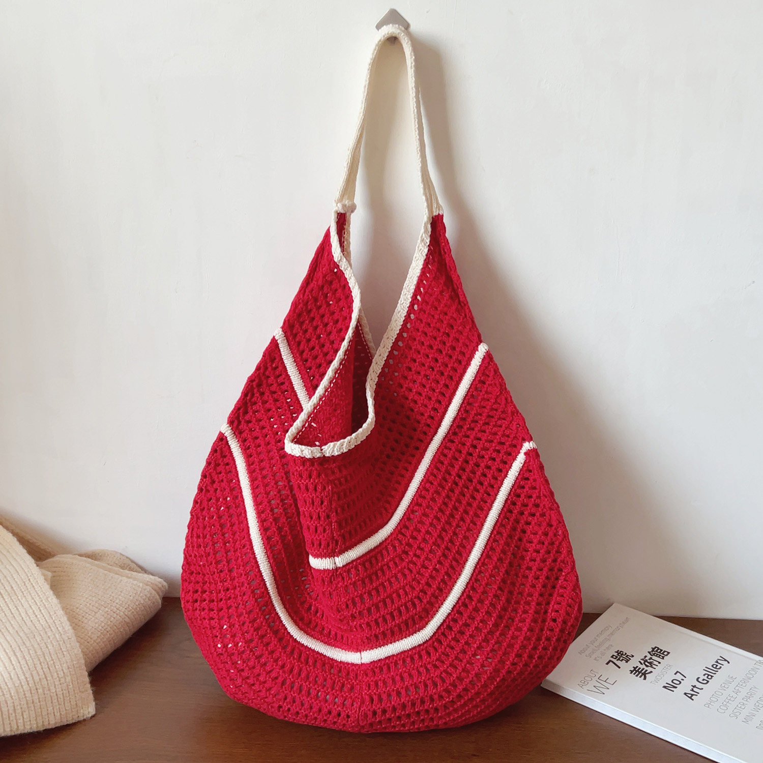 ins复古红色编织包撞色拼接针织毛线包大容量托特包单肩包购物袋,箱包皮具/热销女包/男包,托特包,淘宝优惠券,粉丝福利购,淘宝优惠卷