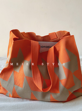 ins时尚简约撞色格子针织托特包大容量单肩包编织购物袋2023新款