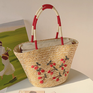 ins复古刺绣樱桃草编包大容量托特包编织包单肩手提包度假沙滩包