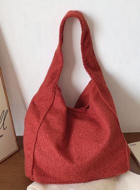 ins秋冬红色复古大容量毛呢托特包绒布包慵懒风腋下单肩包子母包