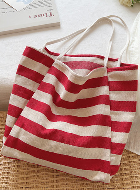 韩系ins条纹拼接帆布包大容量托特包慵懒风腋下单肩包红色购物袋