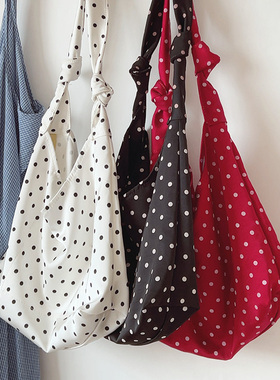ins红色波点托特包文艺百搭尼龙布包帆布包大容量单肩包少女布袋