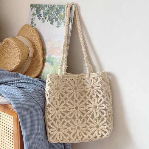 森系ins文艺小清新手工编织包花朵镂空包托特包单肩包度假沙滩包
