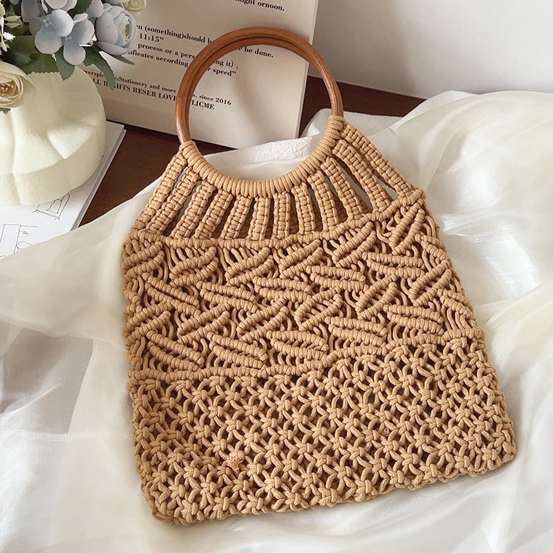 韩国ins镂空编织包木质圆环手提包手拎包度假沙滩包2025新款女包