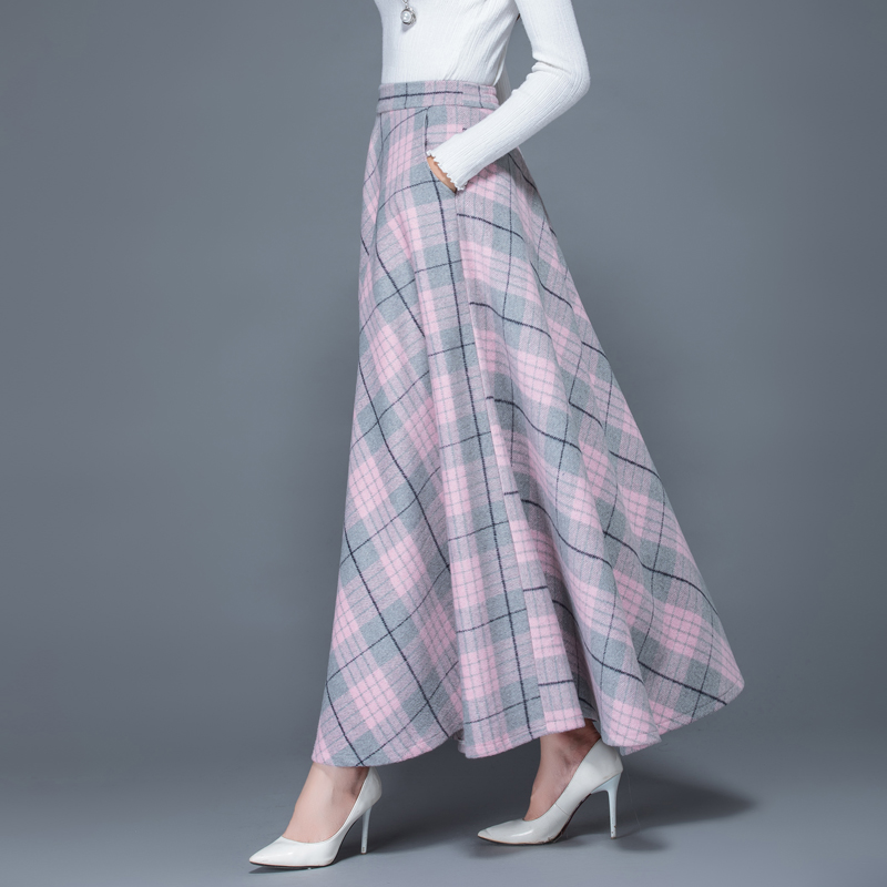 秋冬季爆款女格子半身裙加厚羊绒毛呢长裙大码高腰显瘦a型大摆裙