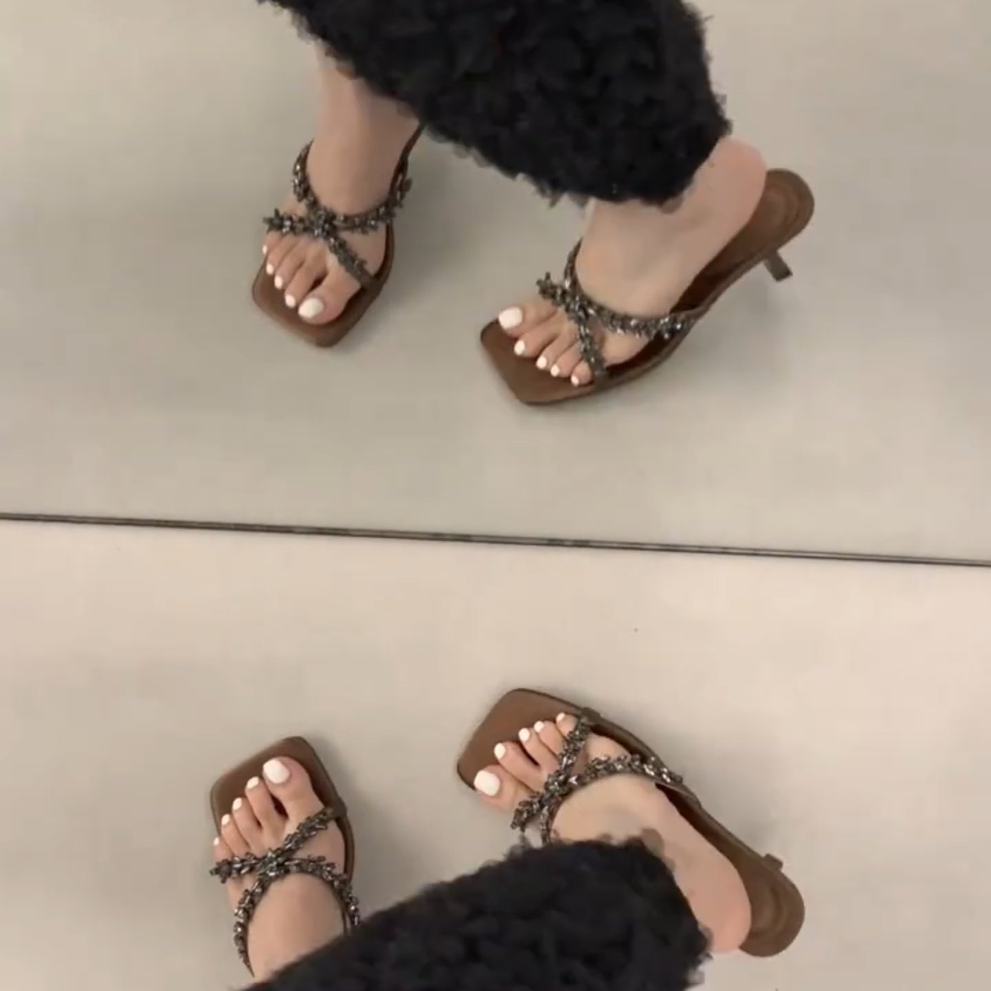 法式高级感气质绝美高跟凉鞋女夏水钻交叉带露趾细跟一字凉拖鞋女