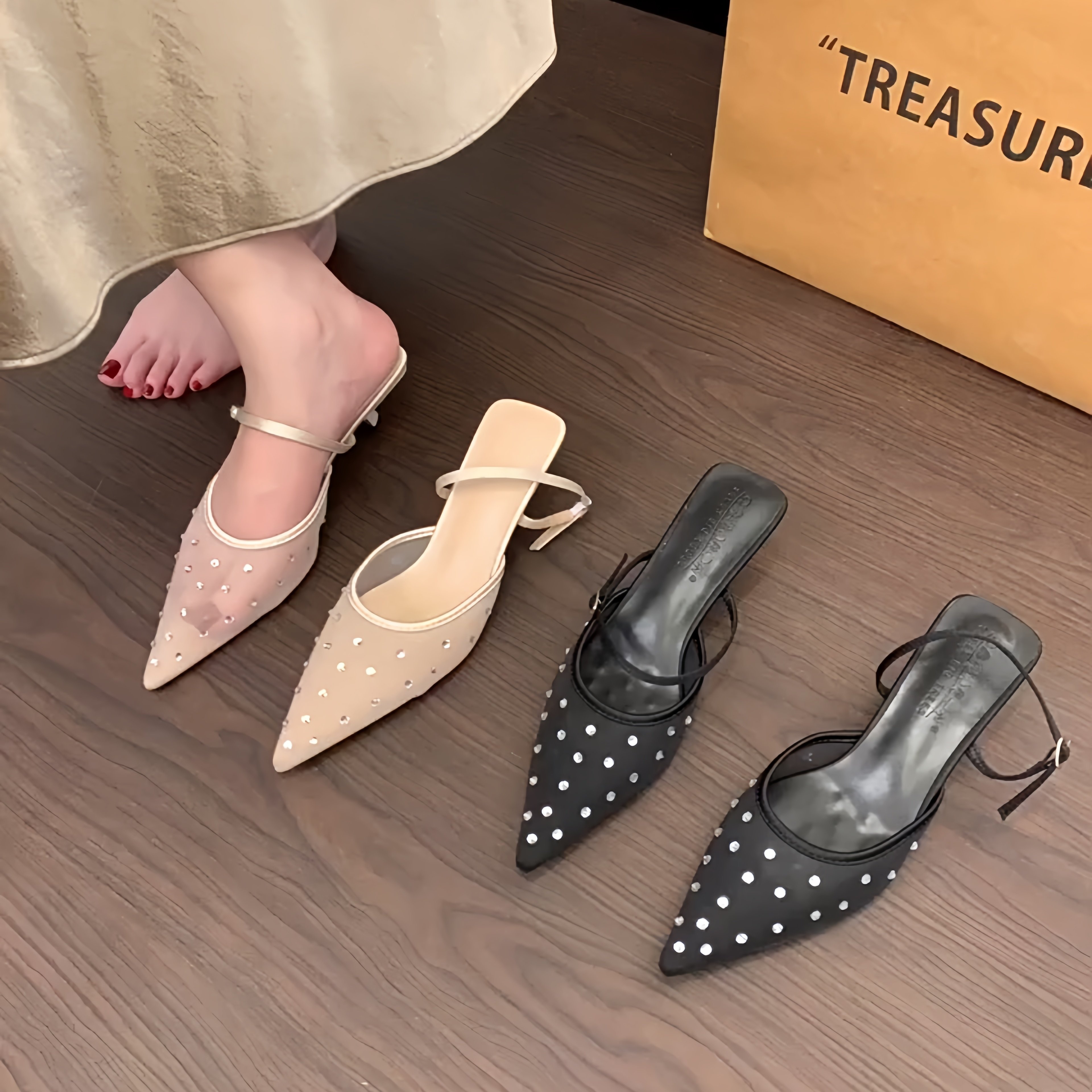 2026年春夏新款尖头水钻网纱透气猫跟包头拖鞋女时尚穆勒鞋半拖鞋,女鞋,包头拖,淘宝优惠券,粉丝福利购,淘宝优惠卷