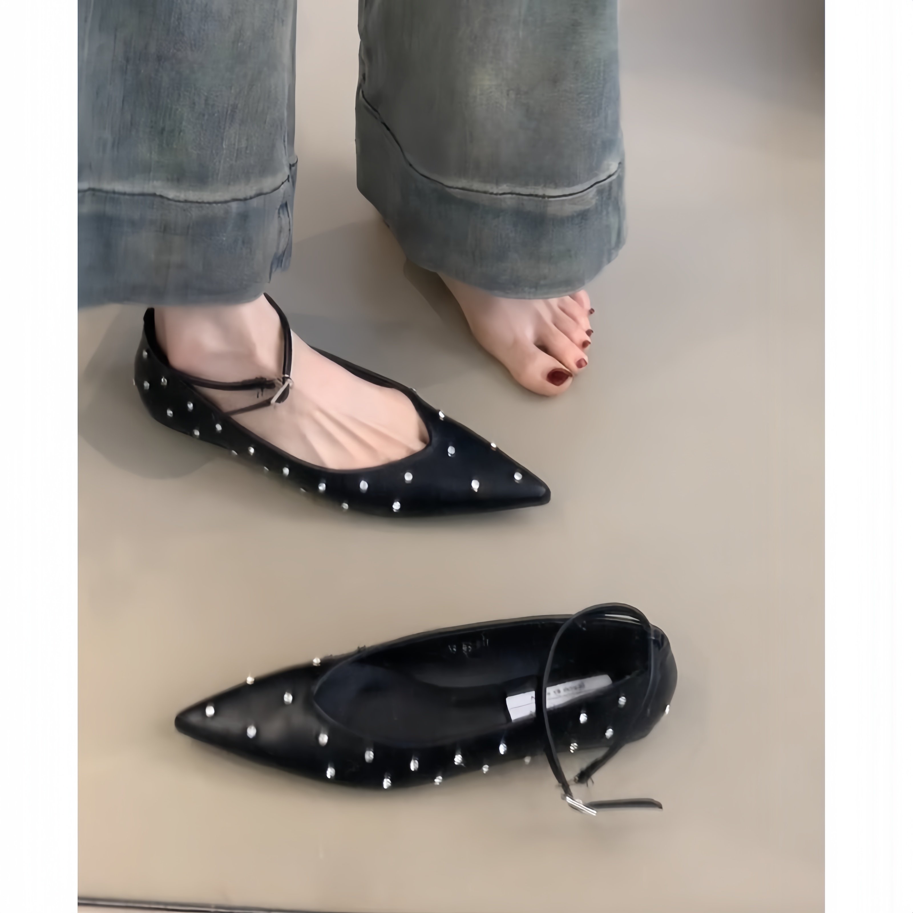 法式小众尖头粗跟玛丽珍平底单鞋