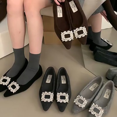 小香风毛呢水钻中跟方头玛丽珍鞋