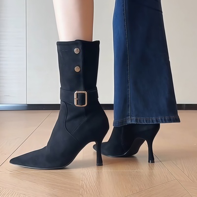 法式气质尖头细跟高跟短靴