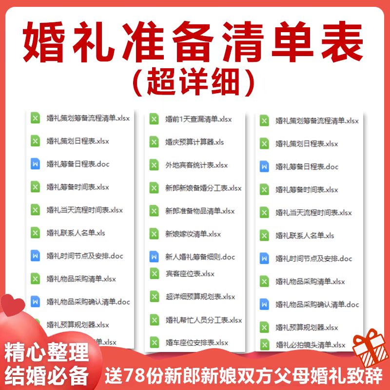 结婚婚前婚礼流程准备筹备准备物品采购清单日程安排表格资料